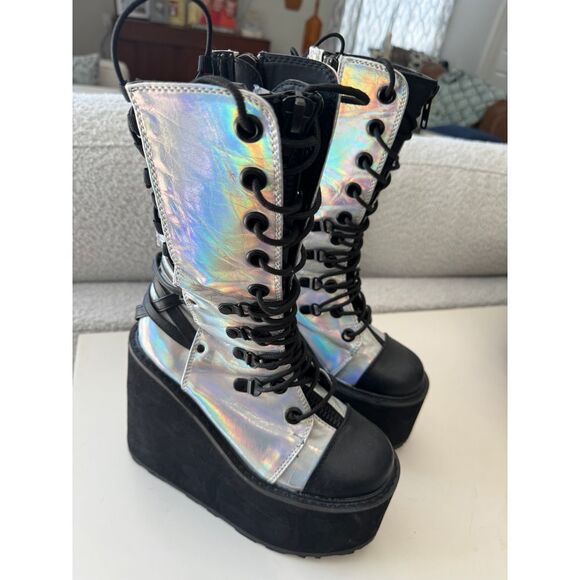 Demonia SWING-120 Mid-Calf Boots Platform Wedge Lace-Up Front Holographic - Picture 2 of 7